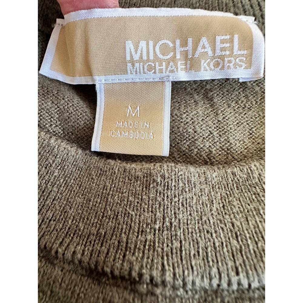 Michael Kors Sweater Top Olive Green Layered Hem Gold Button Detail Women’s M